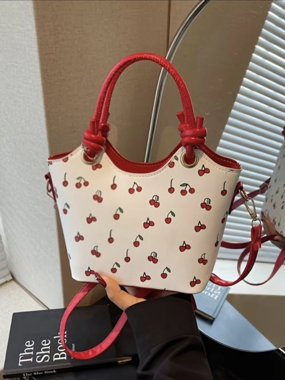 NWT Pin Up Style Red White Cherry Print Purse + Handmade Keychain Size 9 Inches